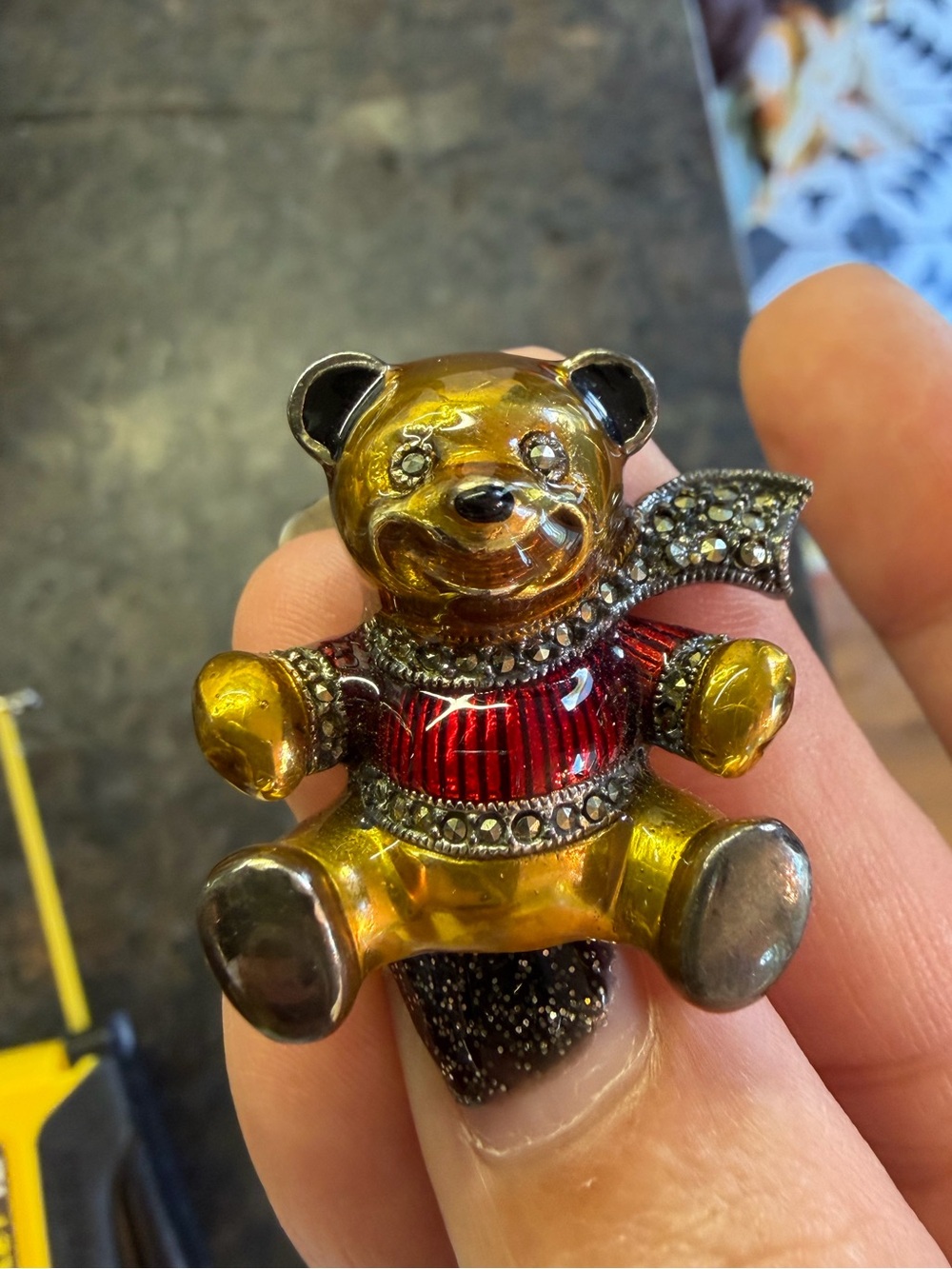 Judith Jack Sterling Silver Marcasite Enamel Teddy Bear Brooch Pin Vintage Red